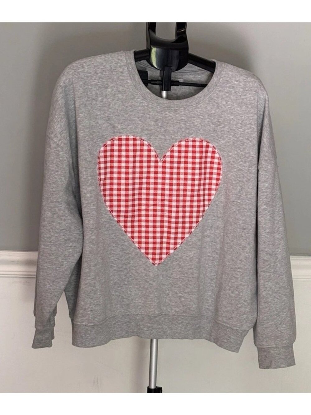 Grayson Threads Women's Heart Gingham Patch Grey Sweatshirt XXL